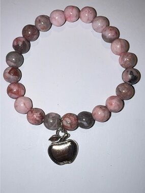 Natural Pink Agate Stone Apple Charm Stretch Bracelet Teacher Gift